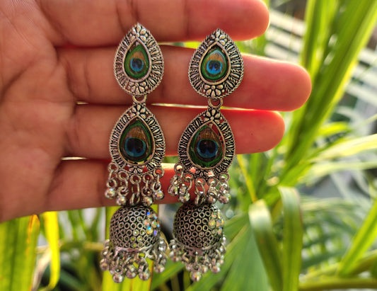 silver oxidized peacock earrings