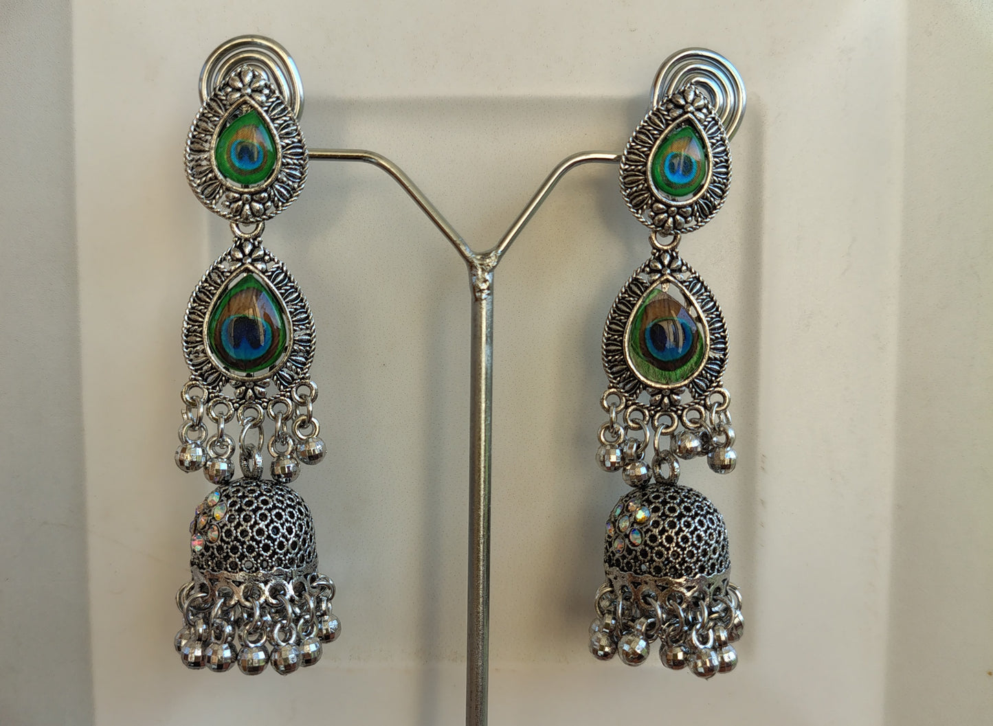 silver oxidized peacock earrings